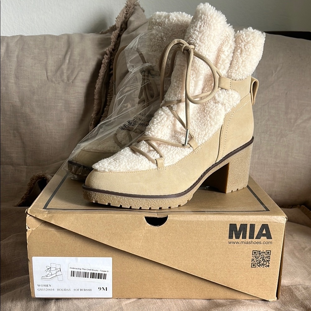 MIA Tan Heeled Boots with Chunky Heel and Lace-Up Design